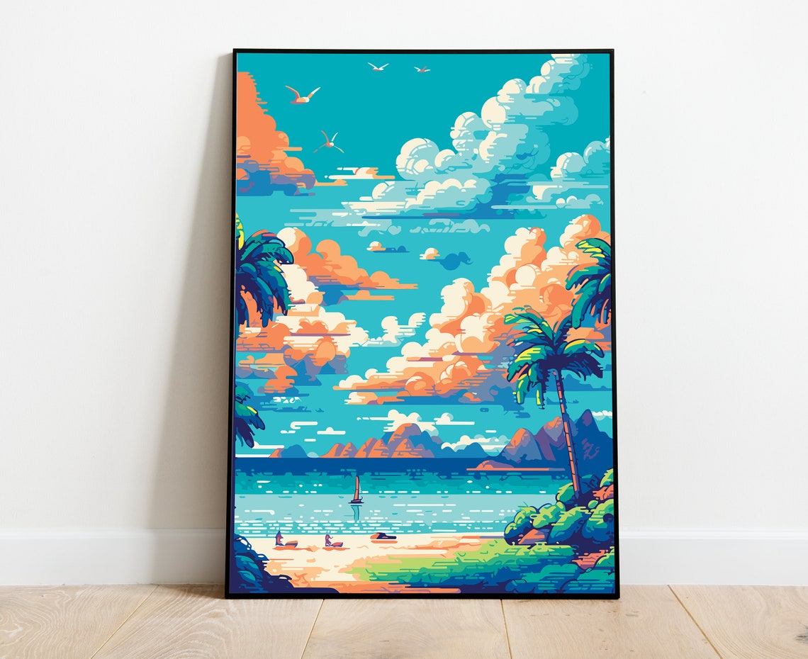 Caribbean Beach Pixel Art Print Tropical Island Paradise Decor