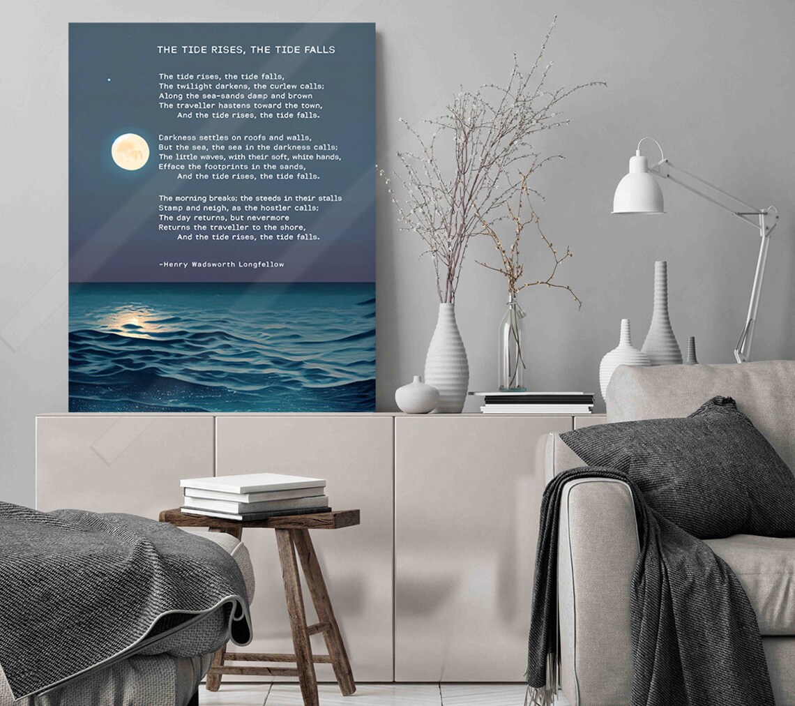 Henry Wadsworth Longfellow The Tide Rises Falls Moonlit Ocean Poem Poster - Image 3