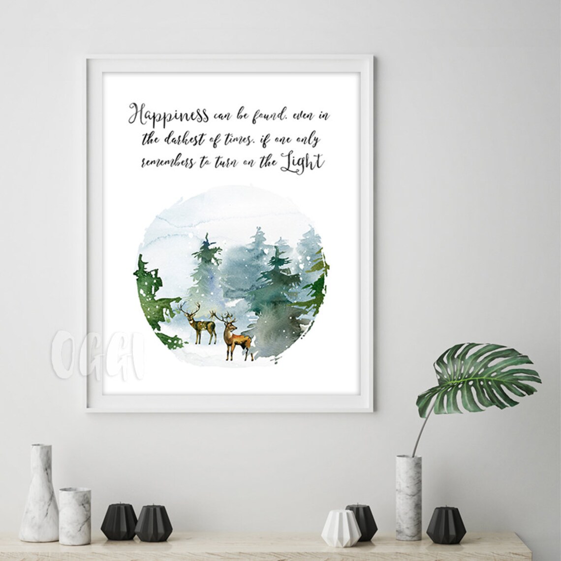 Happiness Darkest Times Turn On The Light Quote Print Winter Forest Deer Watercolor - Image 3