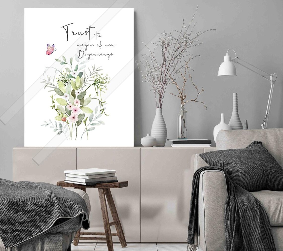 Trust The Magic Of New Beginnings Quote Print Watercolor Greenery Bouquet Decor - Image 3
