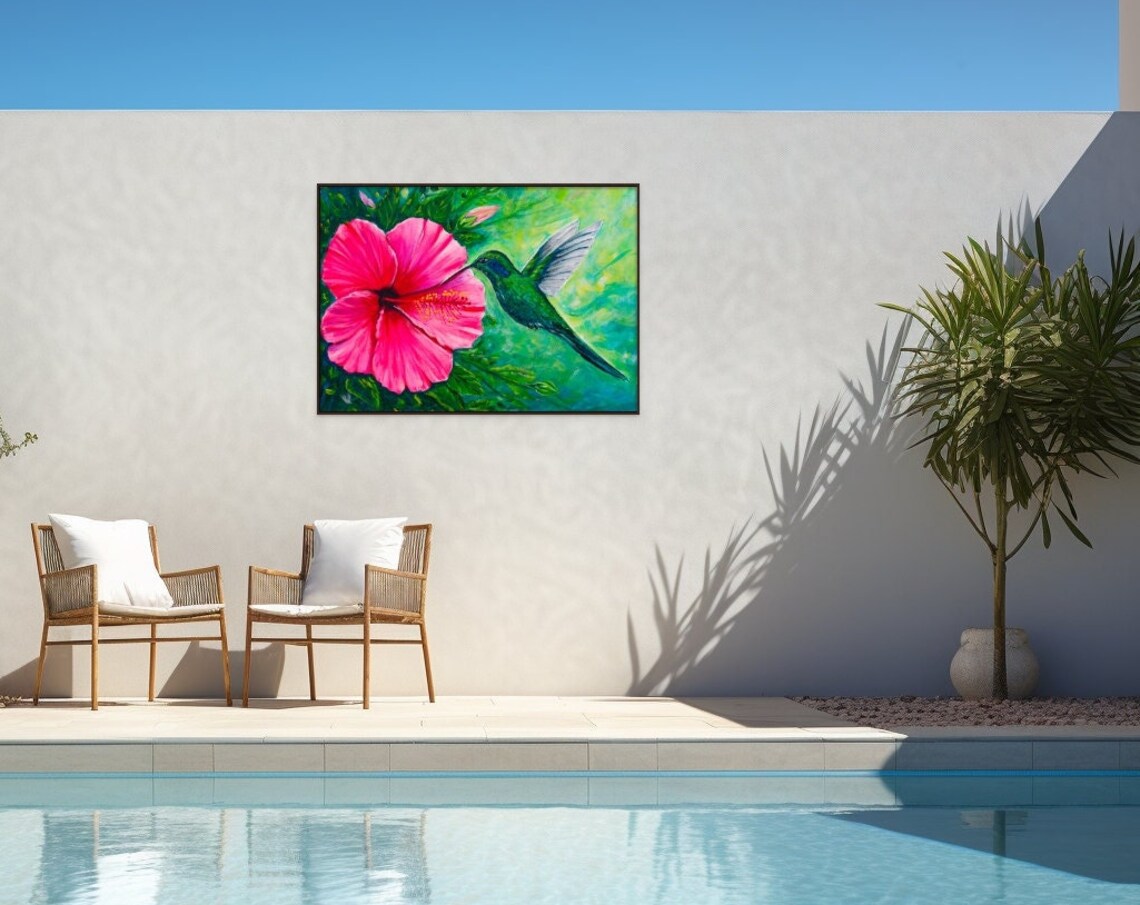 Hibiscus Flower Hummingbird Painting Tropical Pink Green Art Poster - Image 3
