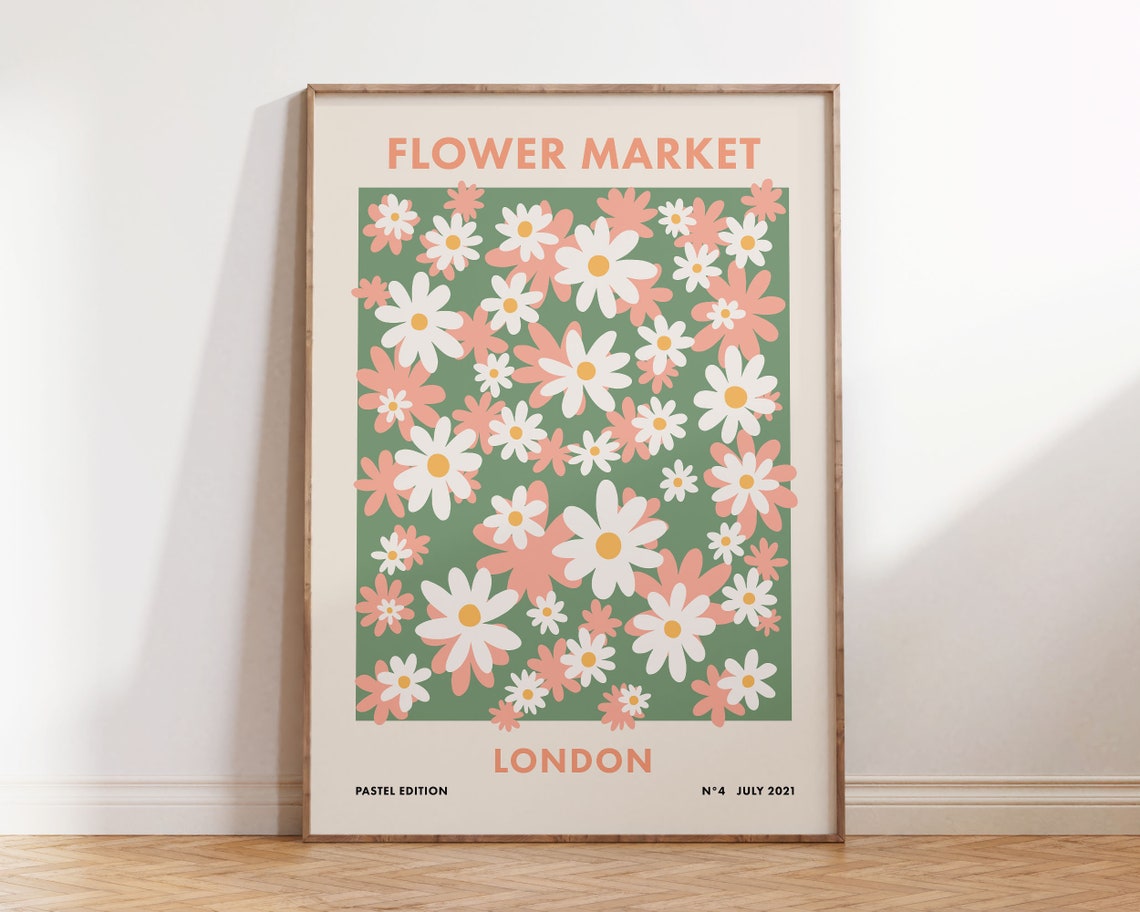 Flower Market London Pink Daisy Meadow Pattern Art Retro Poster