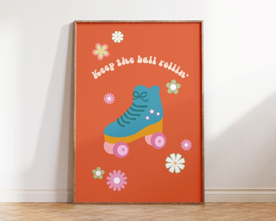 Funky Retro Wall Art Groovy Affirmation Print Preppy Room Decor 60s 70s Aesthetic Keep The Ball Rolling Poster