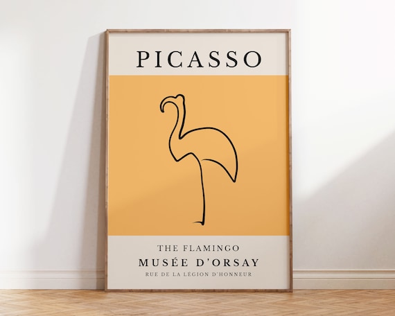 Picasso Flamingo Art Print Minimalist Animal Sketch In Yellow Museum Exhibition Poster