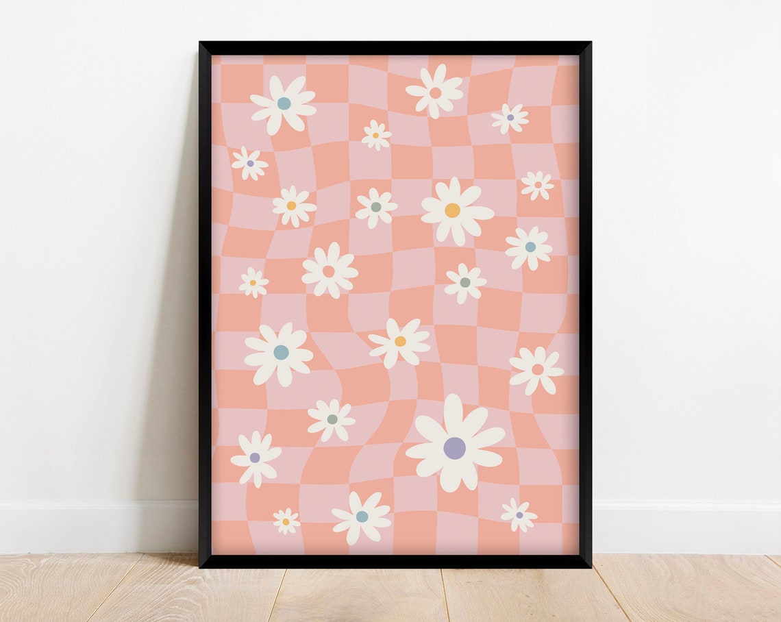 Pink Checkered Daisy Cute Retro Floral Danish Pastel Art Poster - Image 3