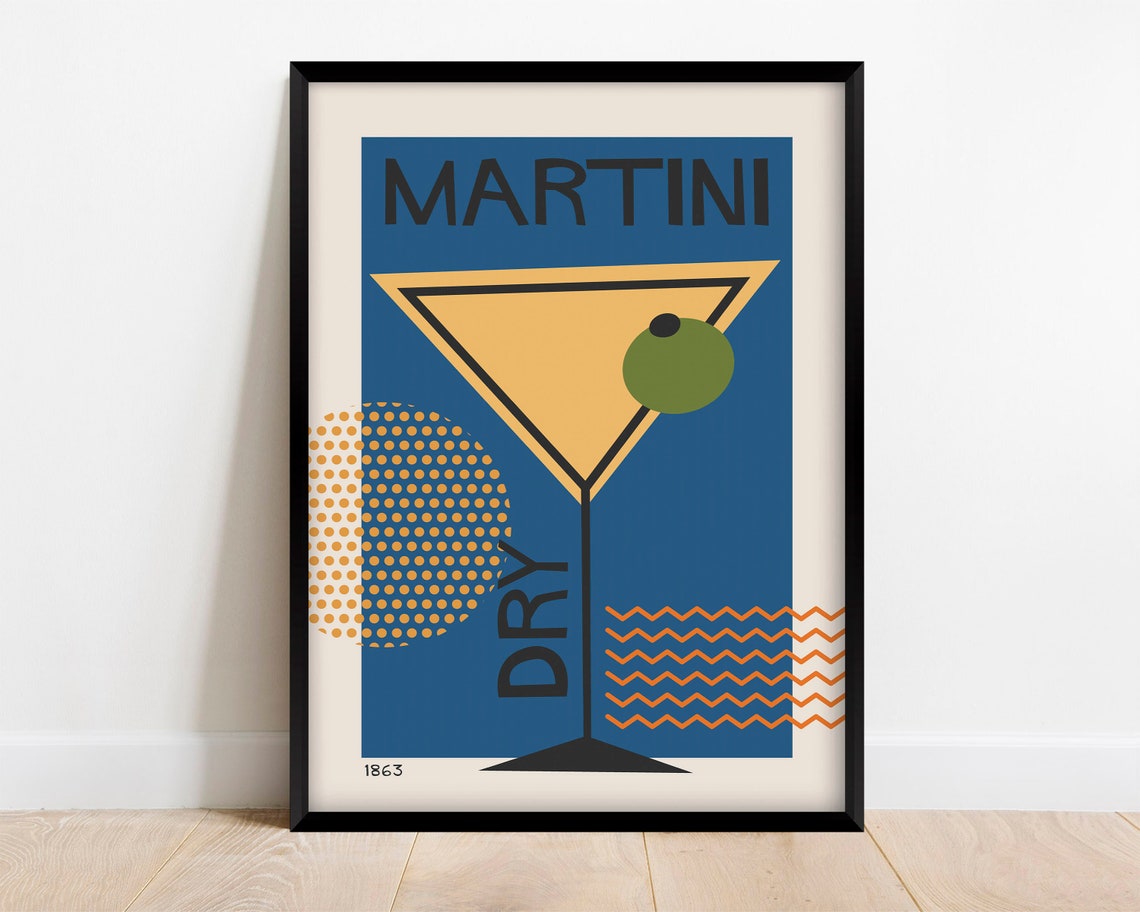 Dry Martini Retro Mid Century Blue Cocktail Kitchen Wall Poster