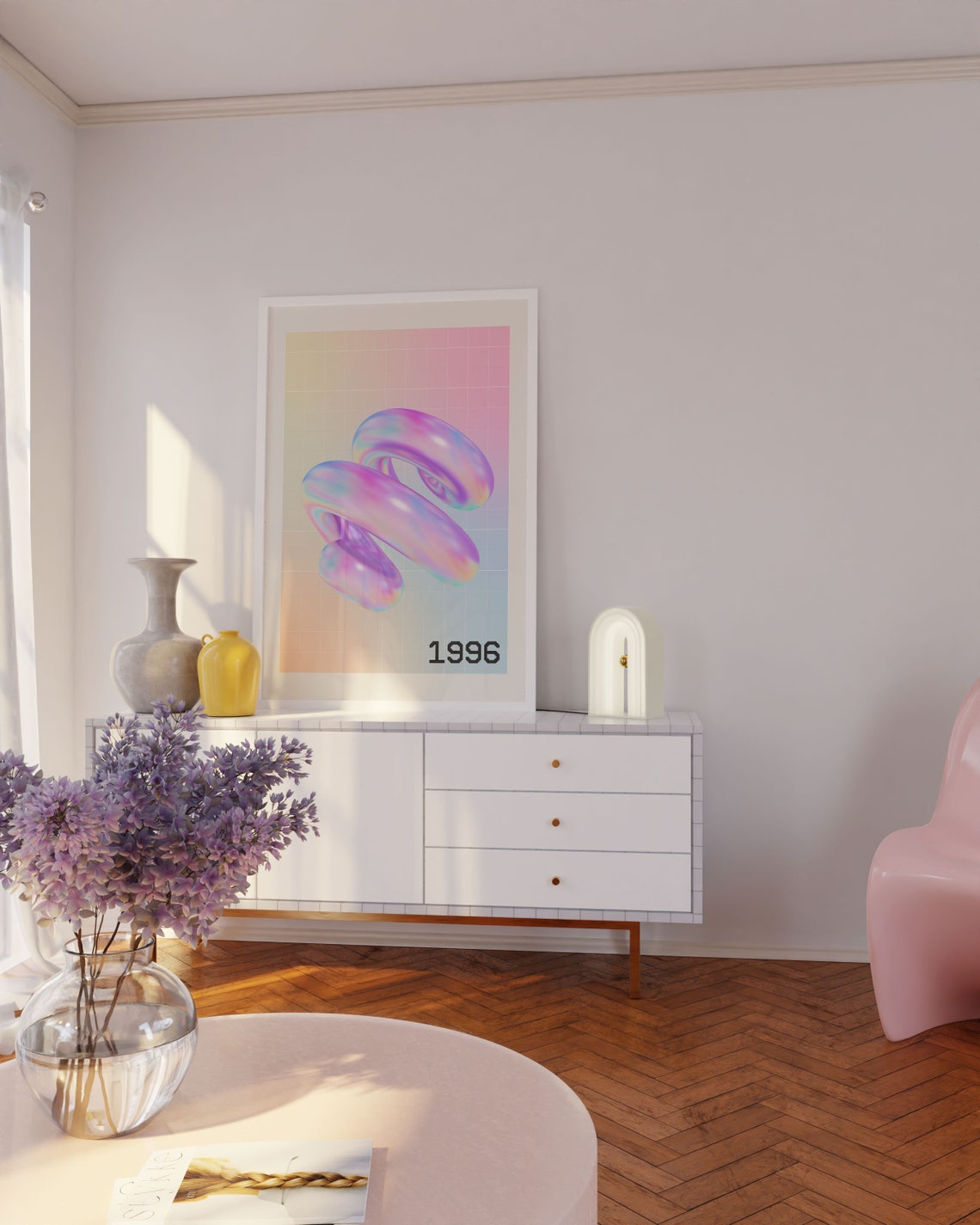 1996 Y2K Iridescent Pink Spiral Holographic 3D Abstract Art Poster - Image 2
