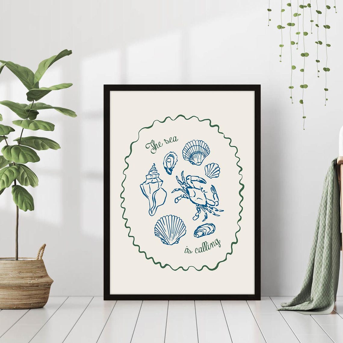 The Sea Is Calling Shells and Crab Line Art Coastal Canvas Poster - Image 4
