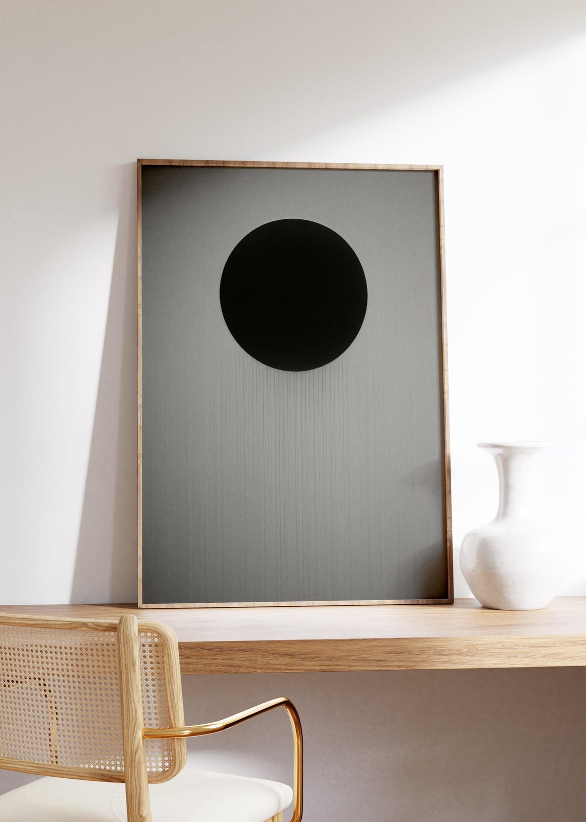 Solid Black Circle centered on Soft Gray Grayscale Abstract Poster