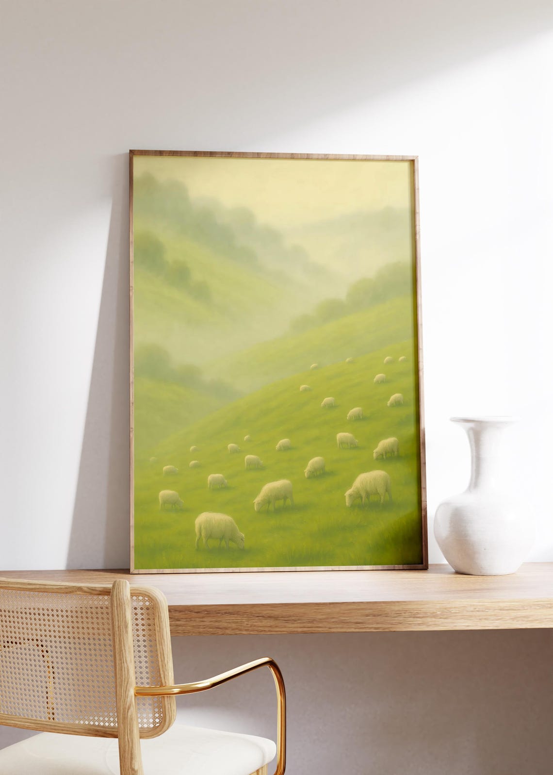 Foggy Green Pasture Grazing Sheep Misty Hillside Landscape Art Poster