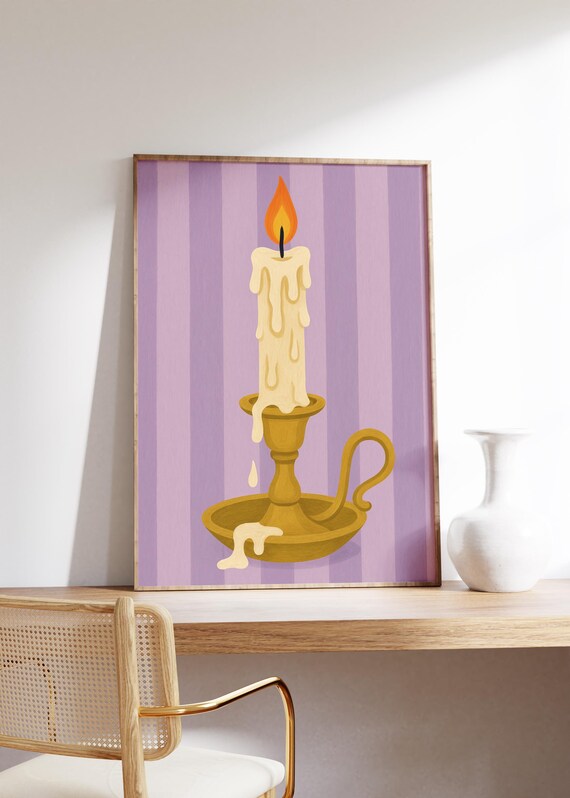 Melting Candle in Brass Holder Mauve Striped Background Poster
