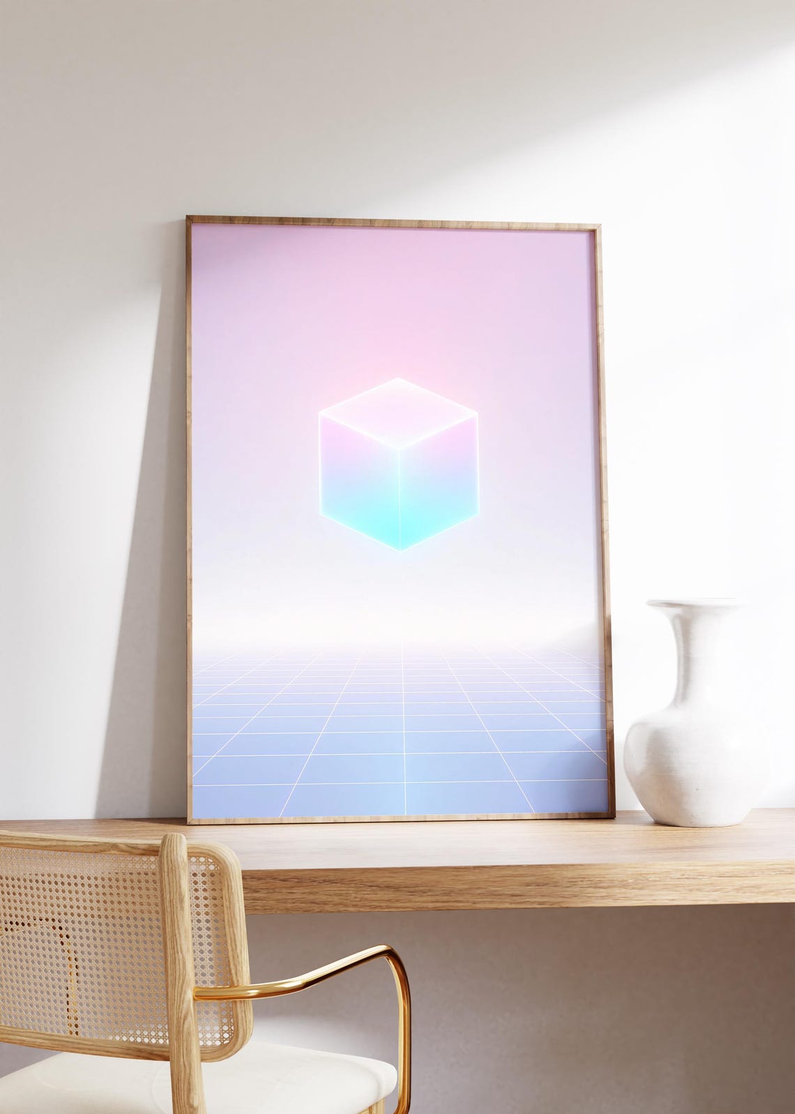 Glowing Pastel Cube Floating Over Blue Grid Floor Minimal Poster