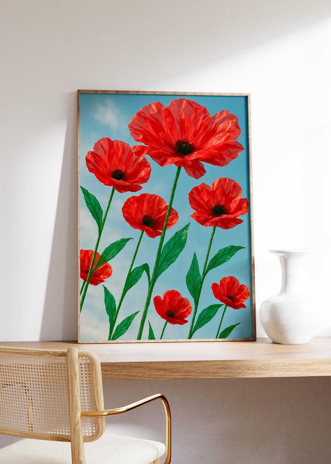Red Poppies Cellophane Petals Blue Sky Bold Summer Floral Poster