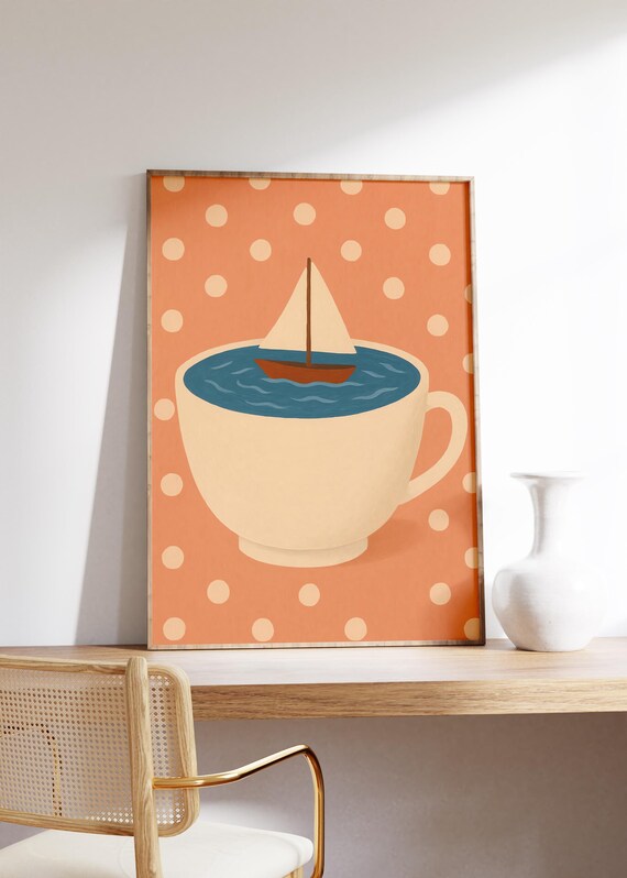 Sailboat Teacup Wall Art Print Whimsical Scene Coral Polka Dots Tiny Boat In Cup Cozy Kitchen Decor Dreamy Vibe Nautical Illustration