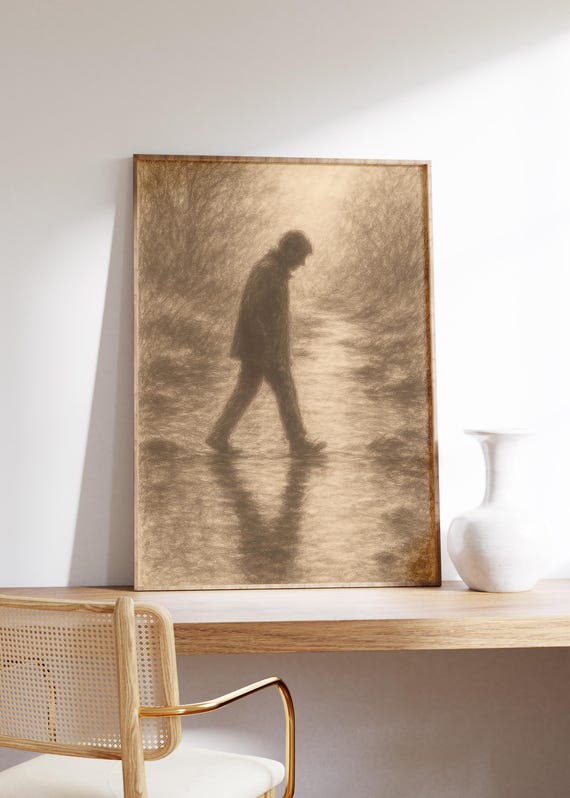 Solitary Figure Wall Art Print Sepia Sketch Moody Soft Tones Asian Inspired Calm Decor Vintage Walking Scene