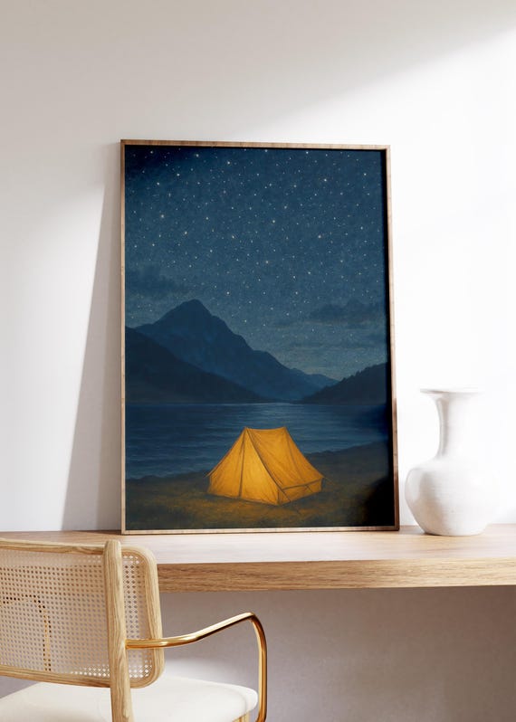 Starry Camping Wall Art Print Glowing Tent Nightstarlit Sky Posterpeaceful Mountain Lakedark Blue Landscapequiet Nature Escape