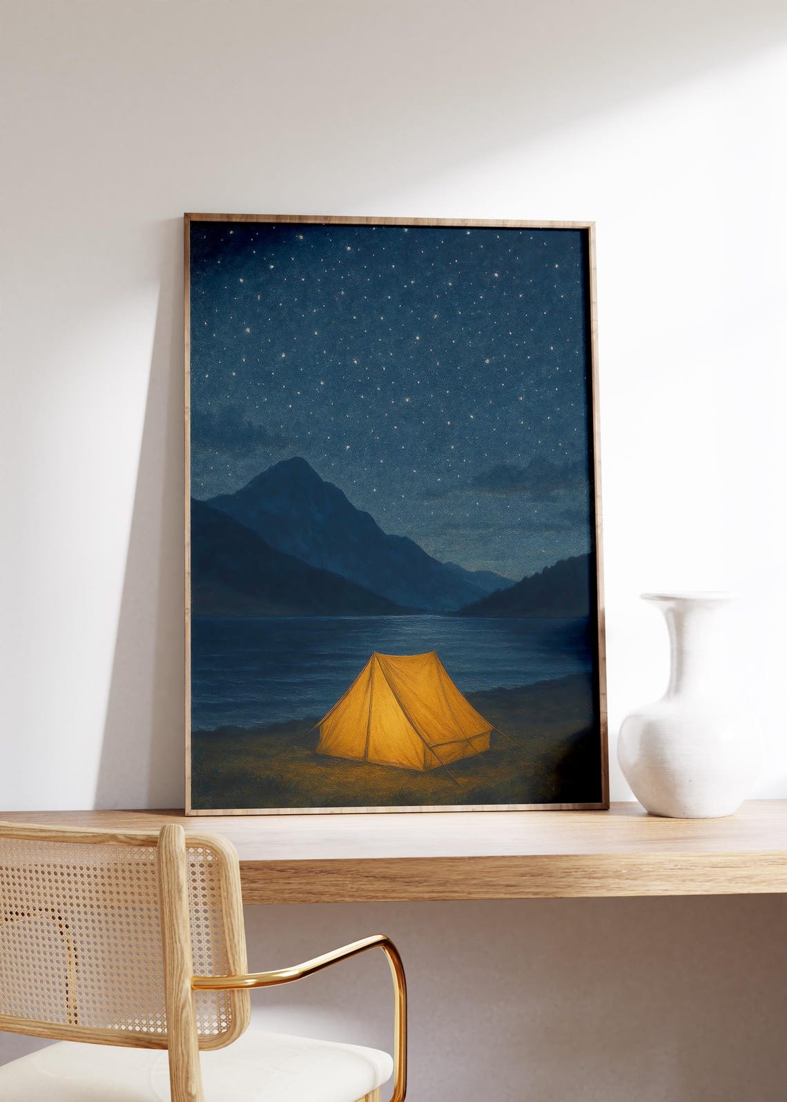 Starry Camping Wall Art Print Glowing Tent Nightstarlit Sky Posterpeaceful Mountain Lakedark Blue Landscapequiet Nature Escape