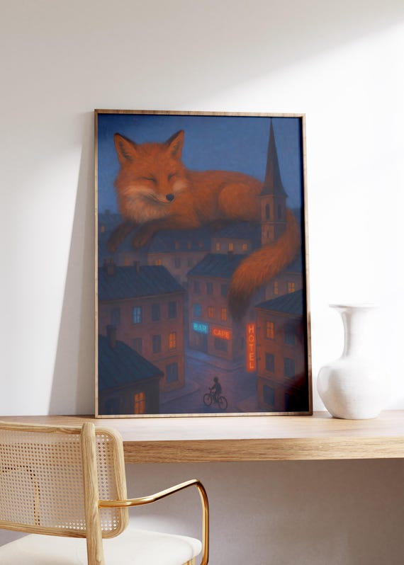 Giant Fox City Night Wall Art Print Surreal Dreamscape Cozy Blue Tones Glowing Neon Signs Sleepy Bike Ride Whimsical Urban