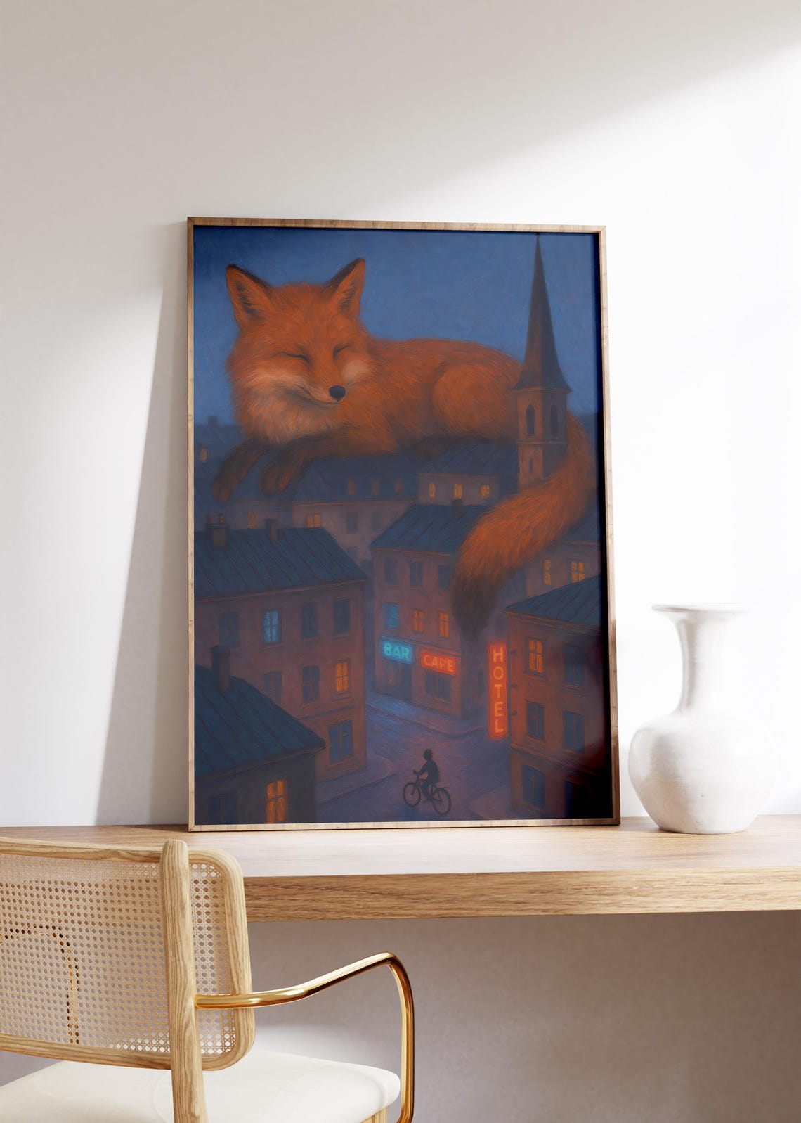 Giant Sleeping Fox Over Night City Surreal Cozy Dreamscape Poster