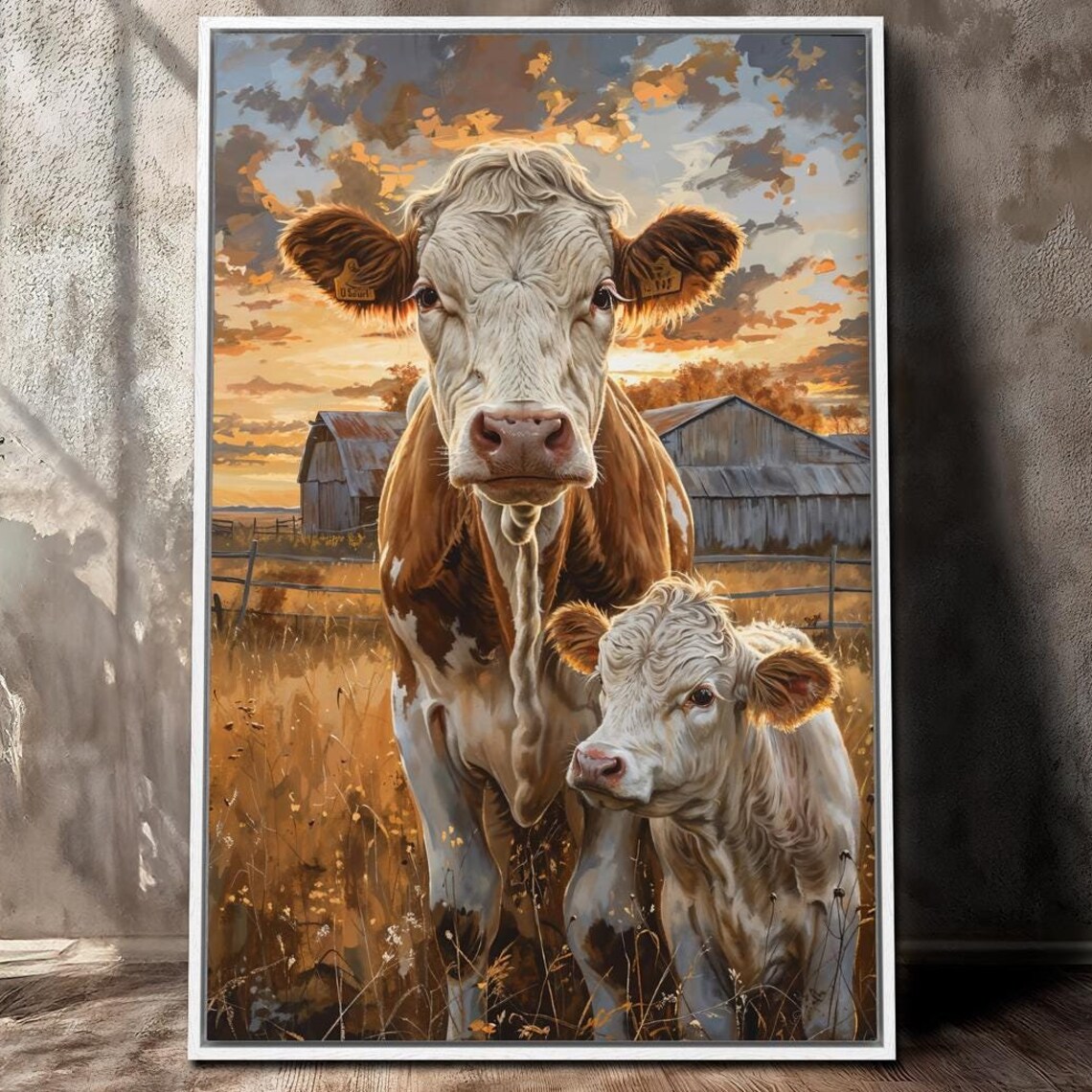 Cow And Calf Grazing Meadow Art Print, Rustic Farm Life