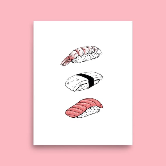 3 Nigiri Sushi Fish Illustration Print Square Sushi Poster Japanese Food Wall Decor Hand Drawn Nigiri Seafood Fish Kitchen Wall Art