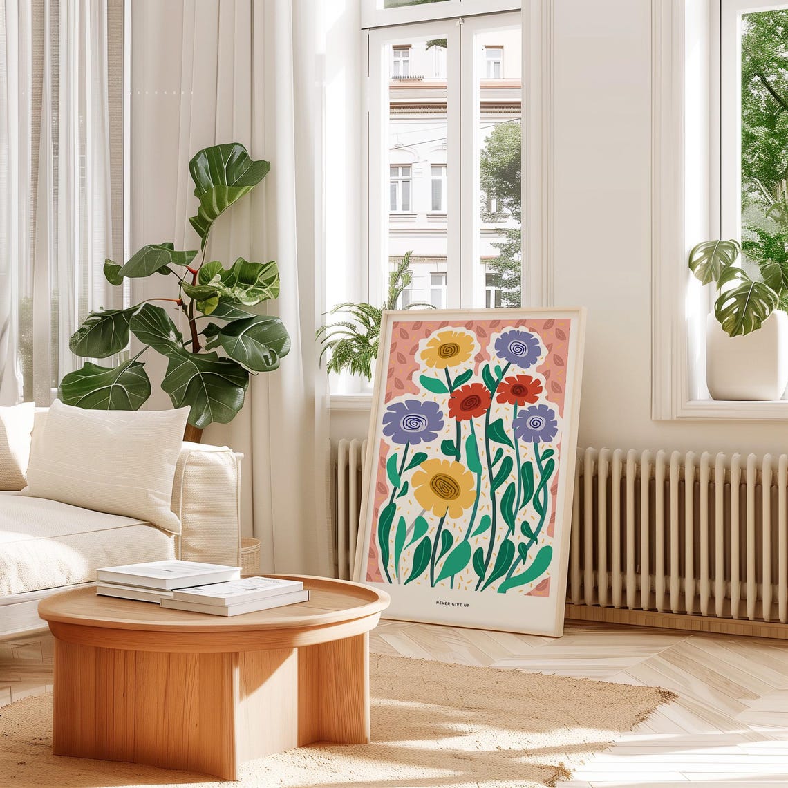 Never Give Up Folk Art Flowers Colorful Retro Botanical Bloom Poster - Image 2