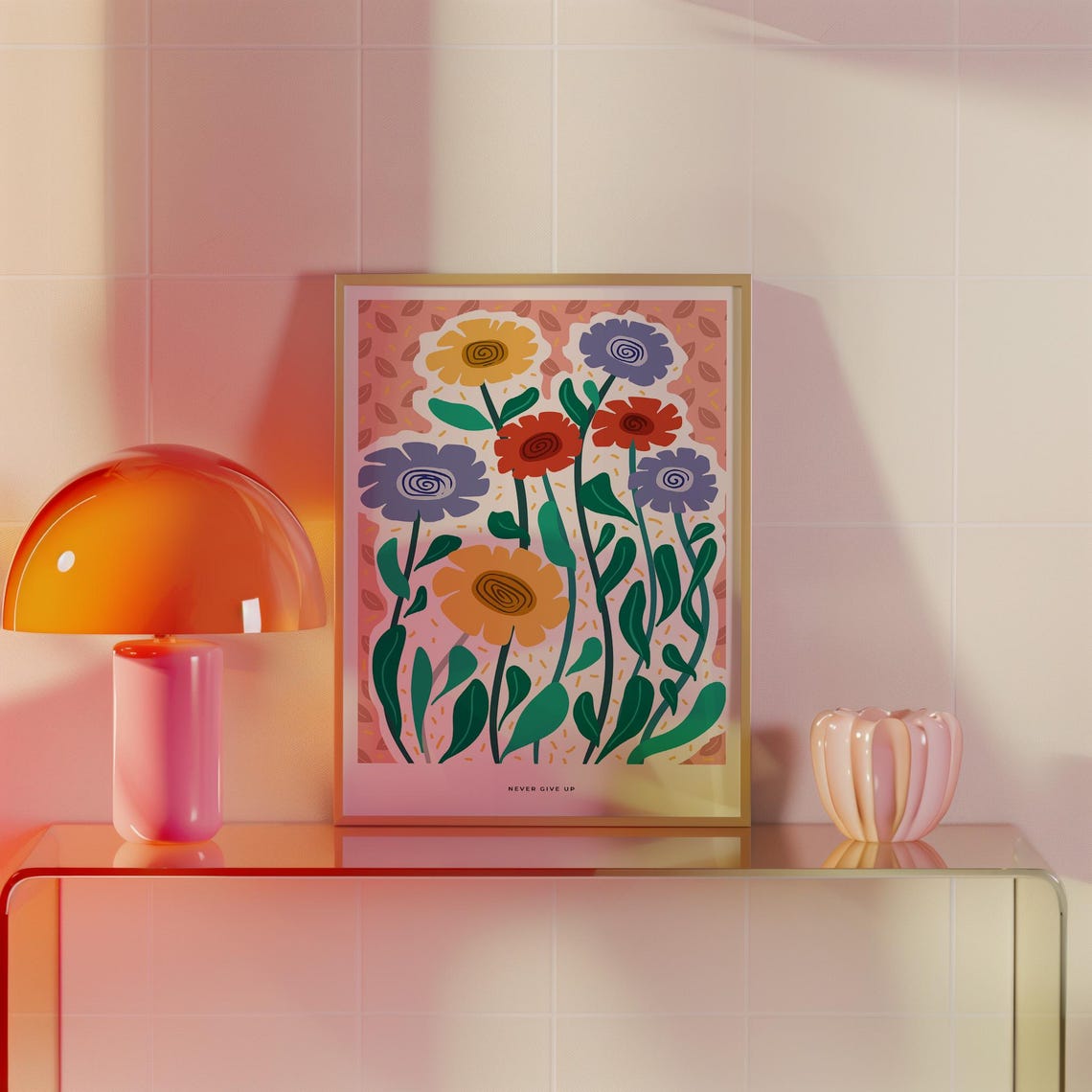 Never Give Up Folk Art Flowers Colorful Retro Botanical Bloom Poster - Image 4