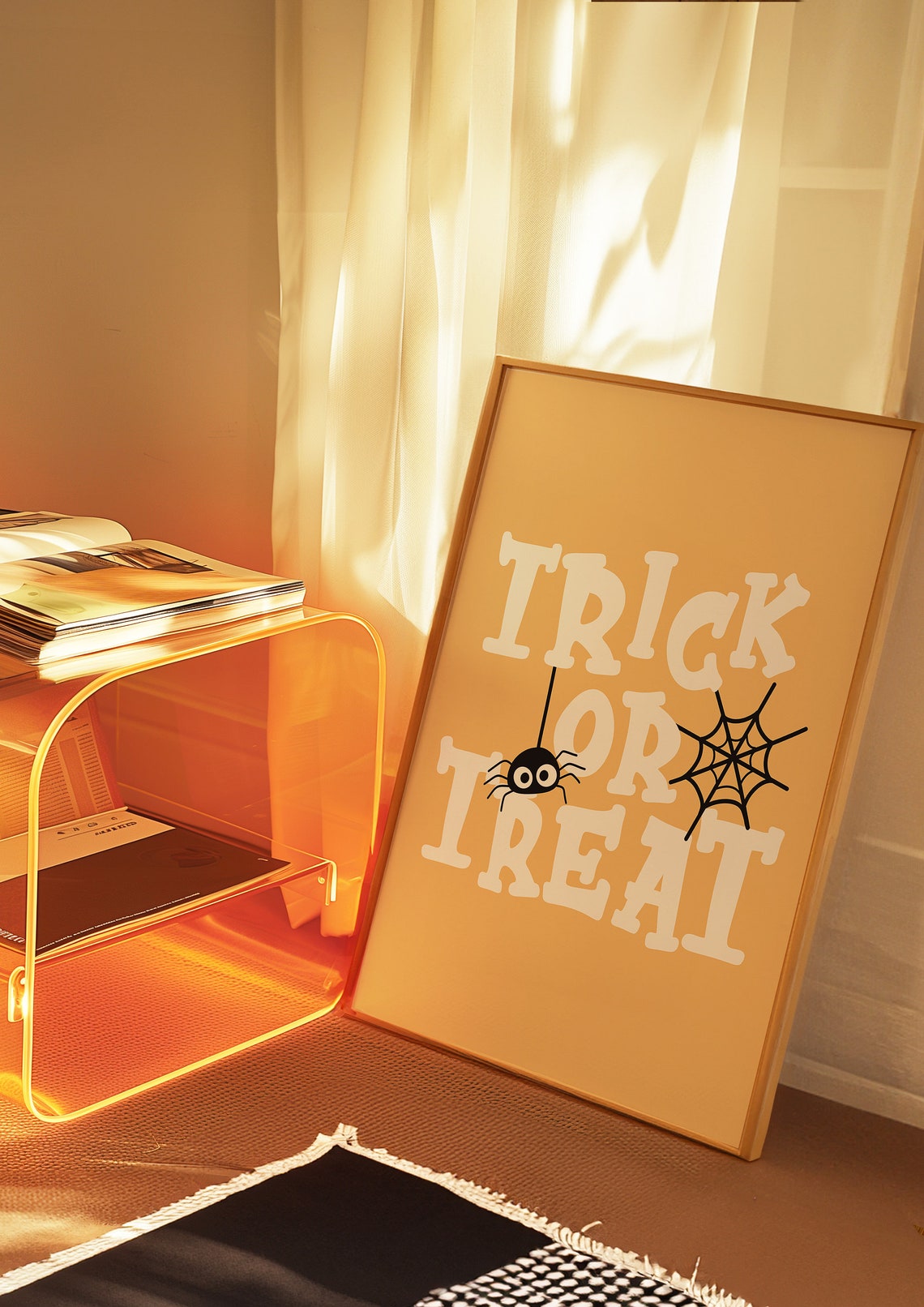Trick Or Treat Spider Web Mustard Yellow Retro Quote Halloween Poster - Image 2