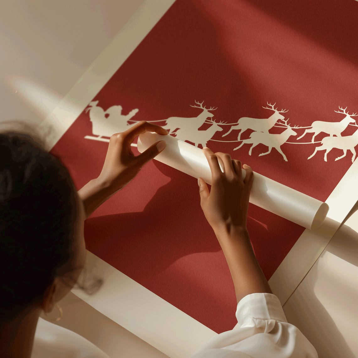 Santa Sleigh Reindeer Silhouette Red Christmas Night Minimalist Poster - Image 4