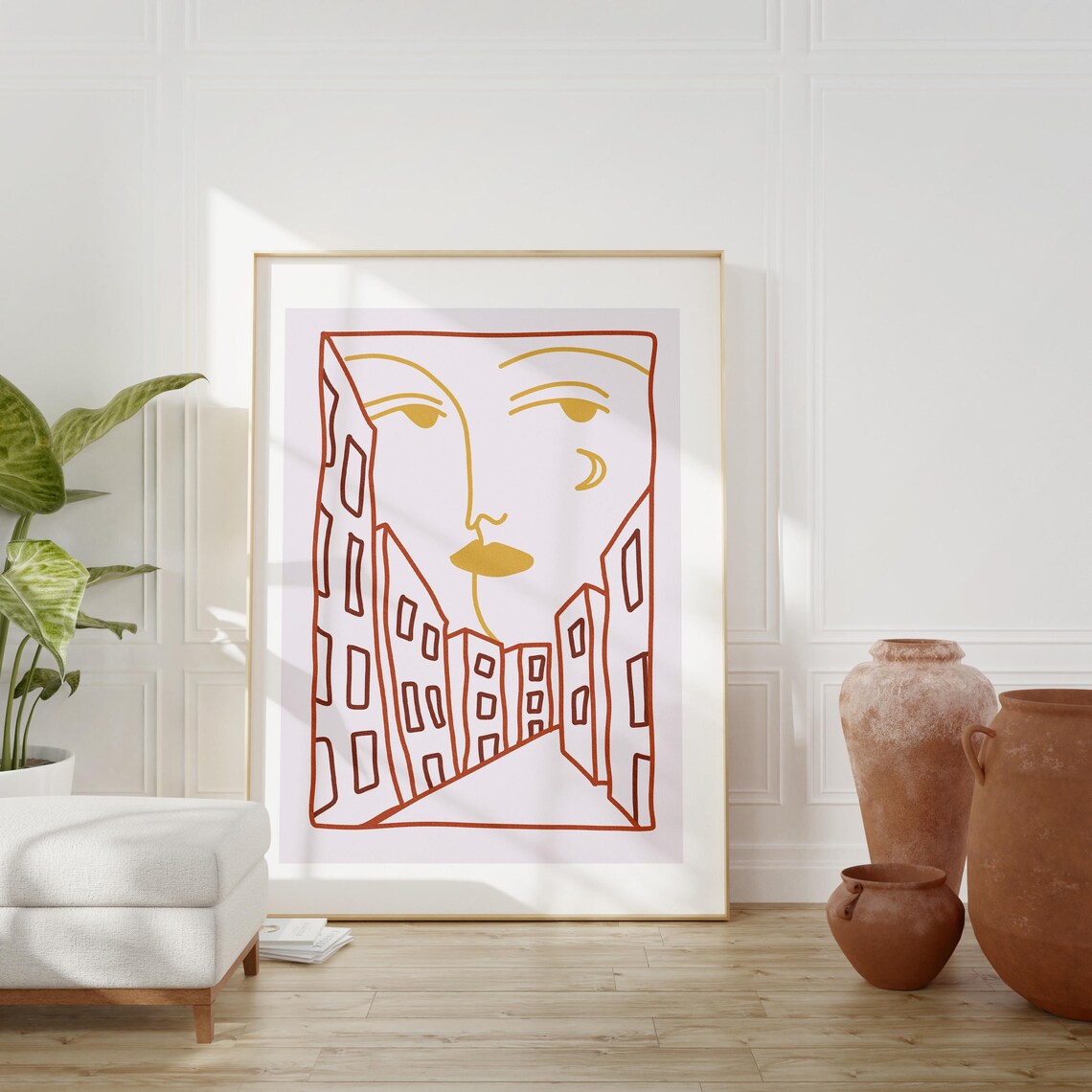 Abstract Woman Face City Street Line Art Terracotta Modern Poster