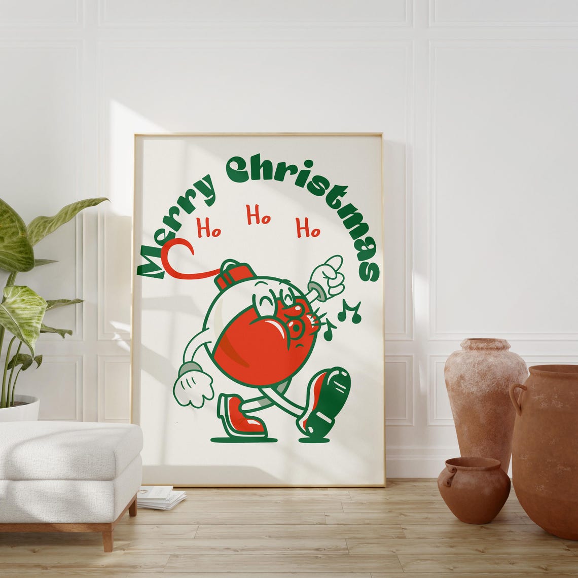 Merry Christmas Ho Ho Ho Retro Ornament Mascot Dancing Holiday Poster