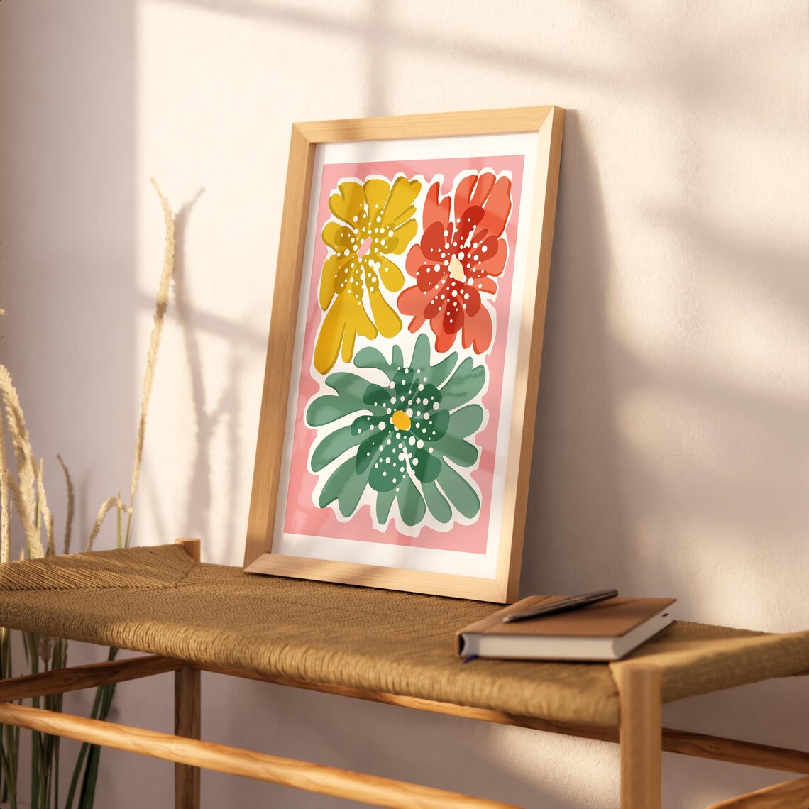 Bold Stylized Flowers Yellow Red Green Pink Retro Botanical Wall Art - Image 3