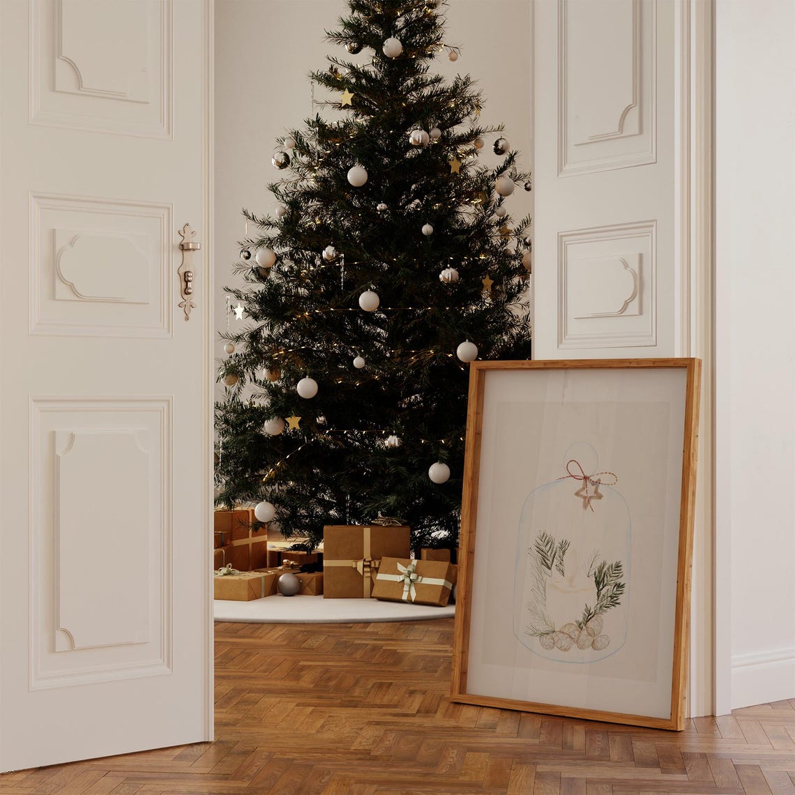 Christmas Candle Cloche Pine Branches Star Watercolor Holiday Wall Art - Image 3