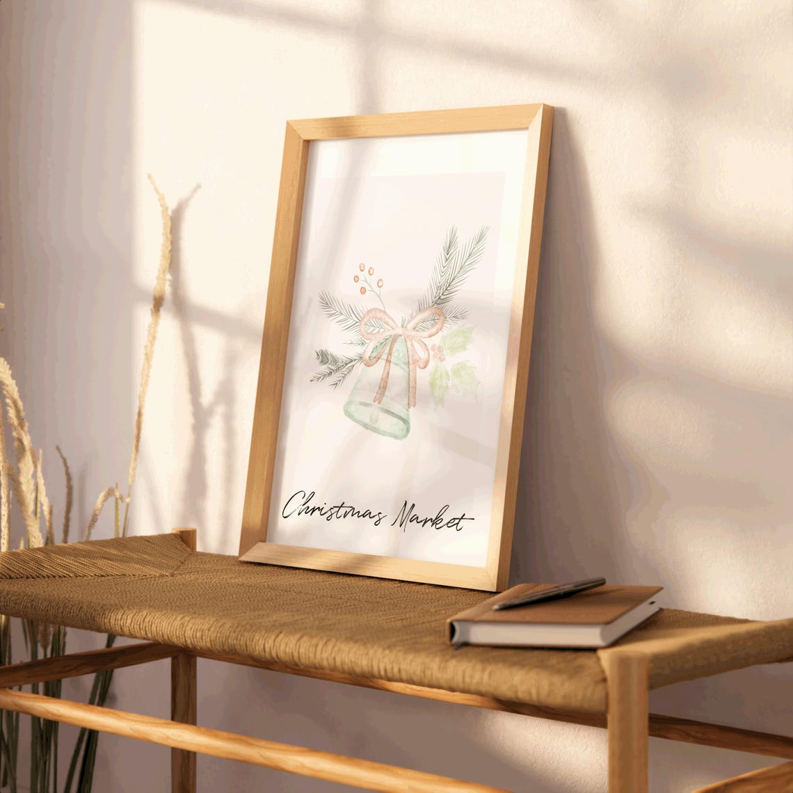 Christmas Market Watercolor Bell Pink Bow Pine Botanical Holiday Print - Image 3