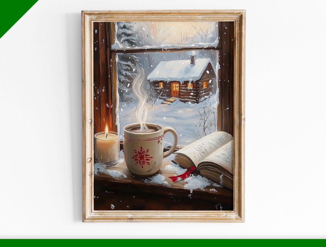 Cozy Cocoa Mug by Frosty Window Snowy Cabin View Winter Wall Art