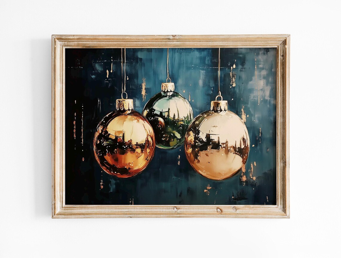 Copper and Green Hanging Christmas Baubles Dark Blue Oil Poster - Image 3