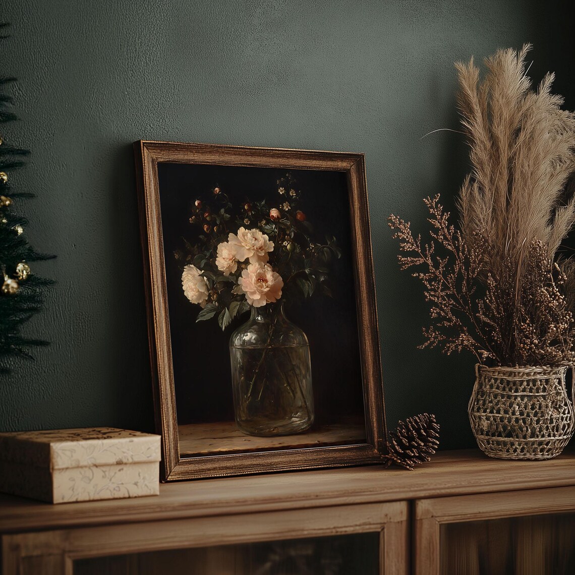 Dark Moody White Peony Flowers in Glass Vase Still Life Poster - Image 7