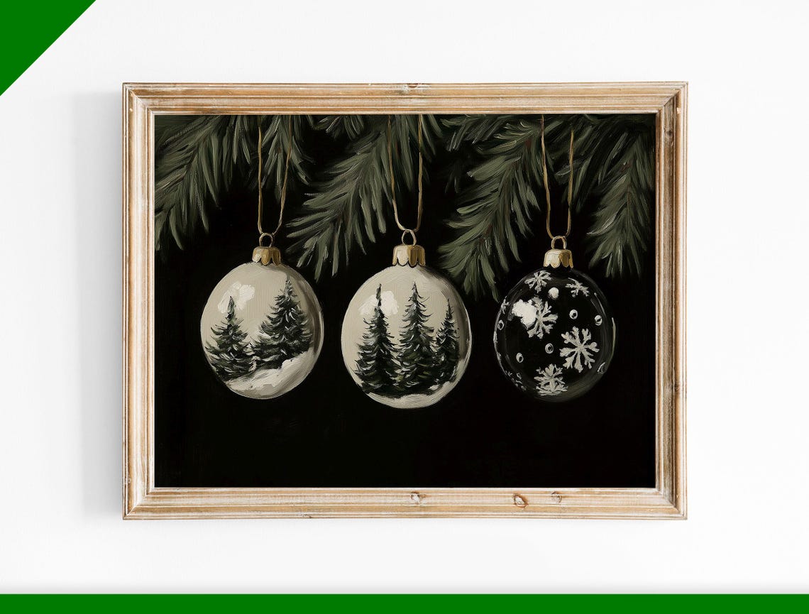 Hand Painted Baubles with Trees and Snowflakes on Black Poster