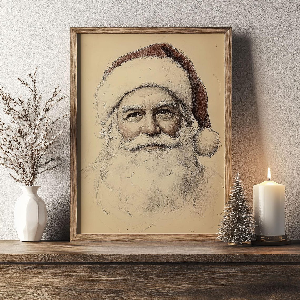 Santa Claus Vintage Pencil Sketch Portrait Christmas Wall Art - Image 3