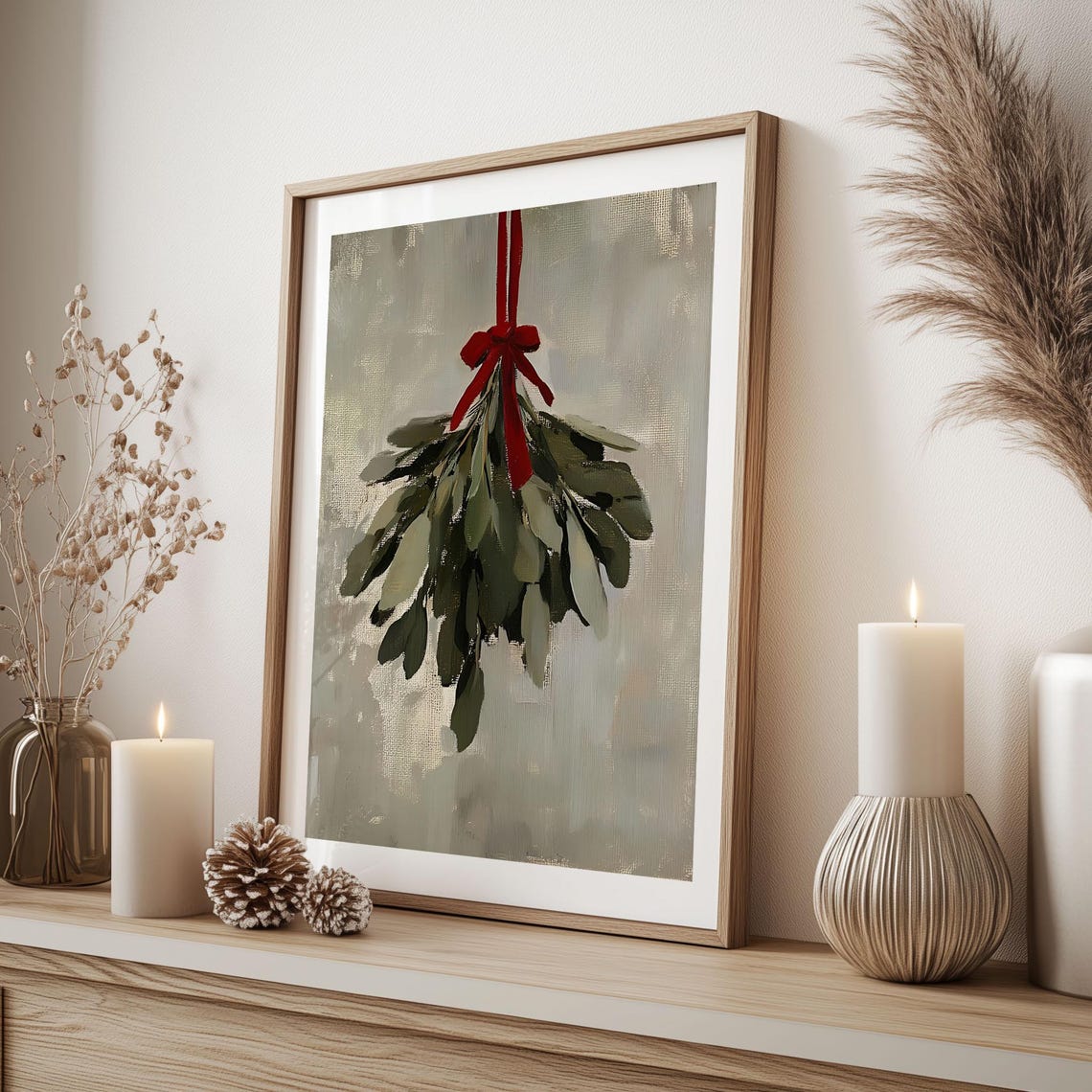 Hanging Mistletoe Bunch Tied with Red Ribbon Minimal Winter Wall Art - Image 5