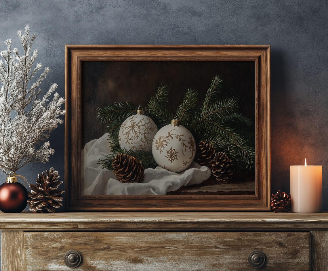 White Gold Christmas Ornaments Pinecones Rustic Still Life Poster - Image 6