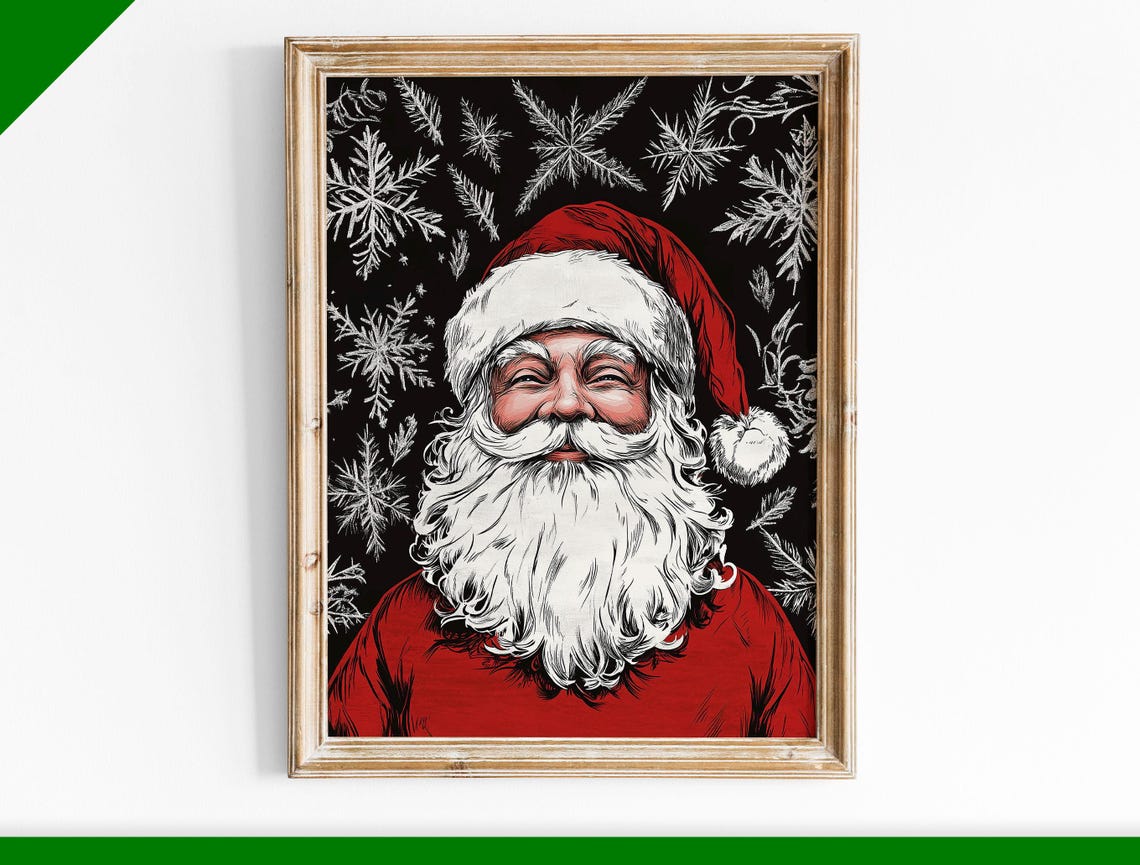 Smiling Santa Claus Portrait on Black Snowflake Background Poster