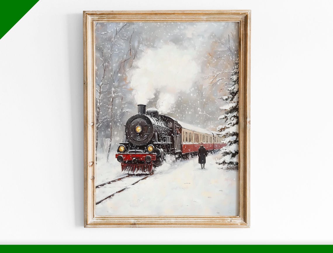 Vintage Steam Locomotive in Snowy Forest Winter Train Painting Poster