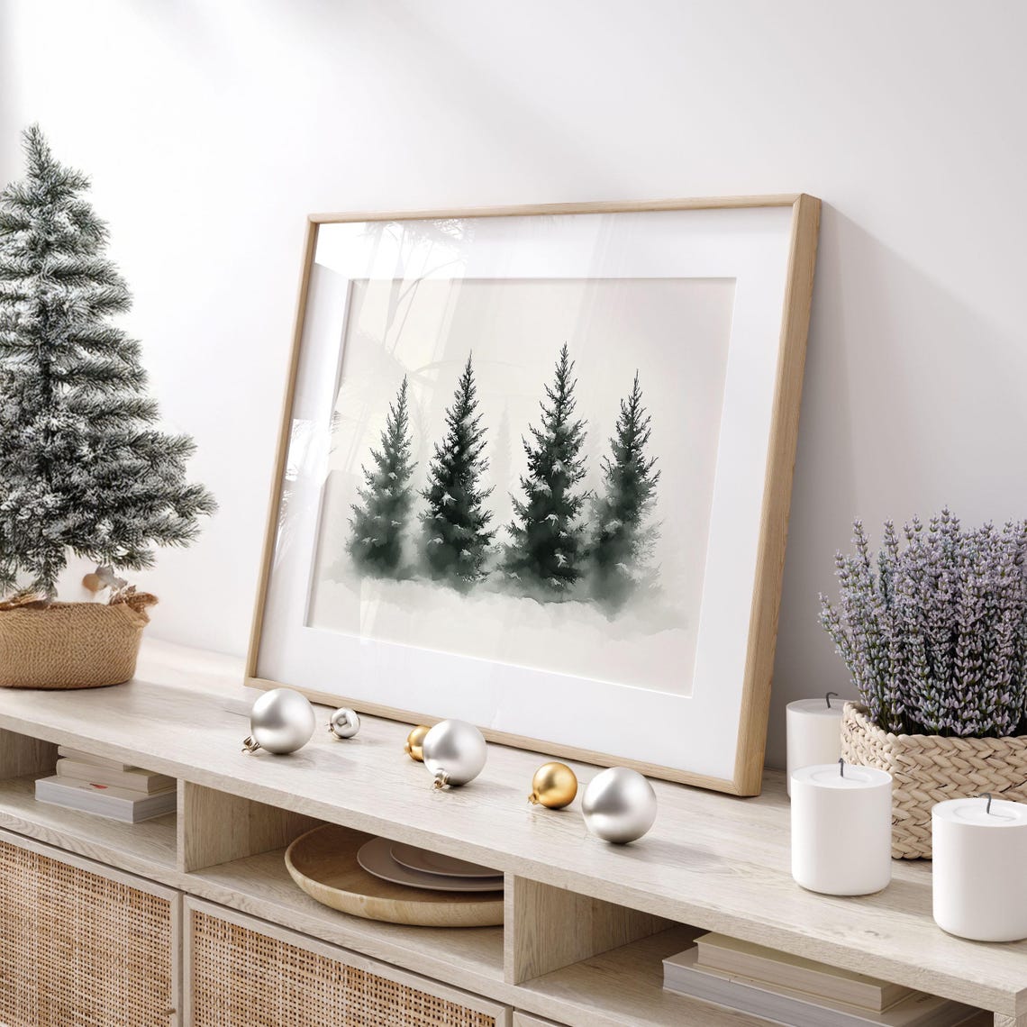 Five Misty Pine Trees Minimalist Foggy Winter Watercolor Poster - Image 3