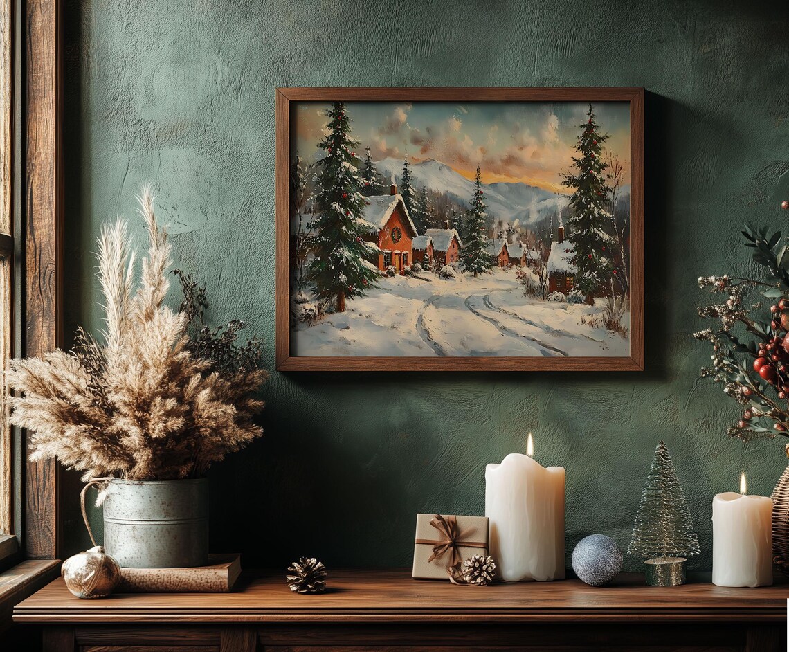 Red Christmas Cabin Sunset Mountain Pines Holiday Oil Painting Poster - Image 3