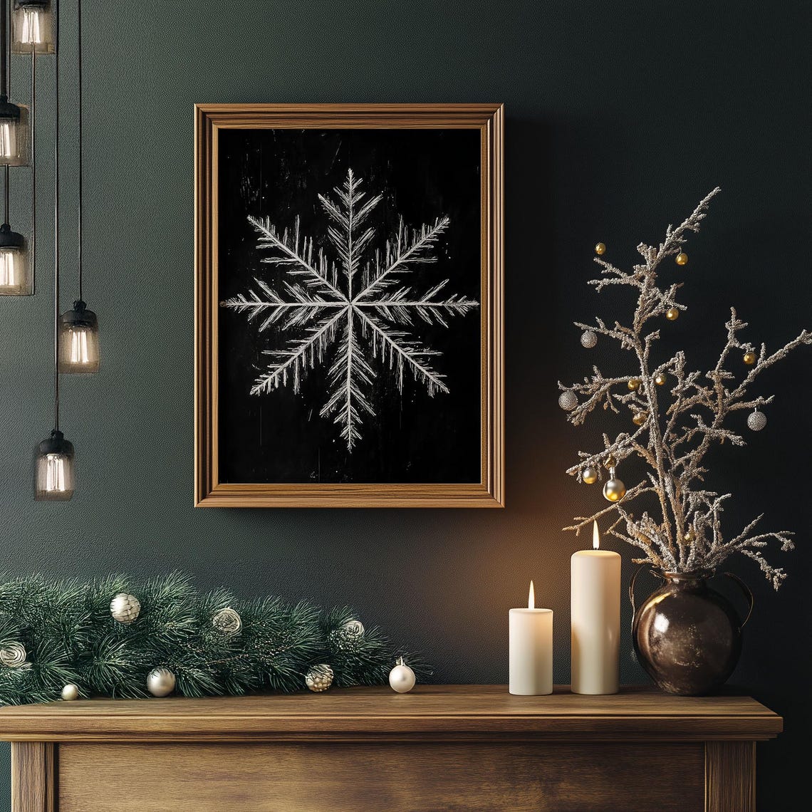 White Snowflake Black Background Minimalist Winter Art Poster - Image 3