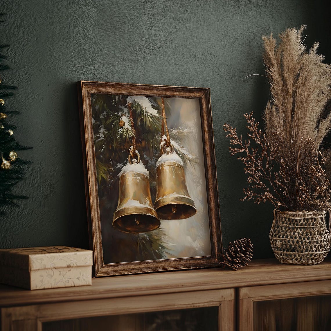 Two Snow Dusted Brass Bells Hanging on Pine Branch Christmas Poster - Image 6