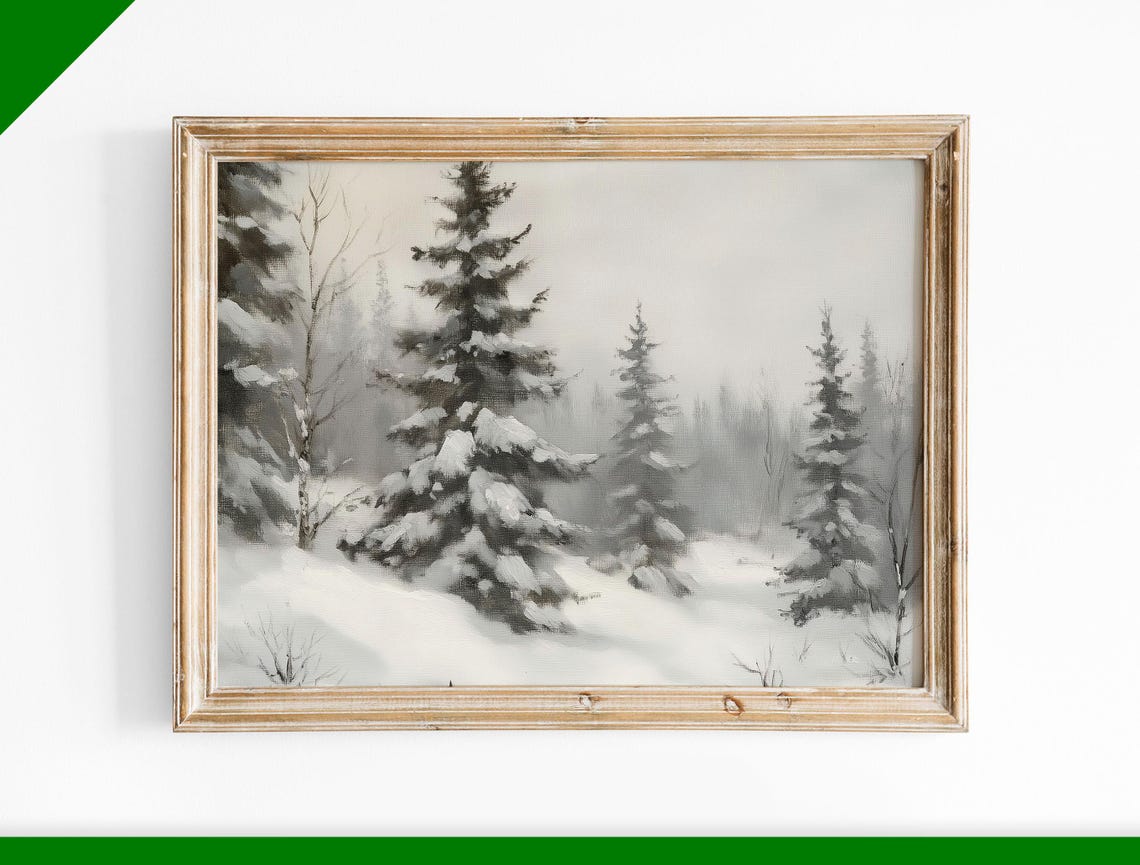 Misty Snow Covered Pine Forest Winter Landscape Oil Painting Poster