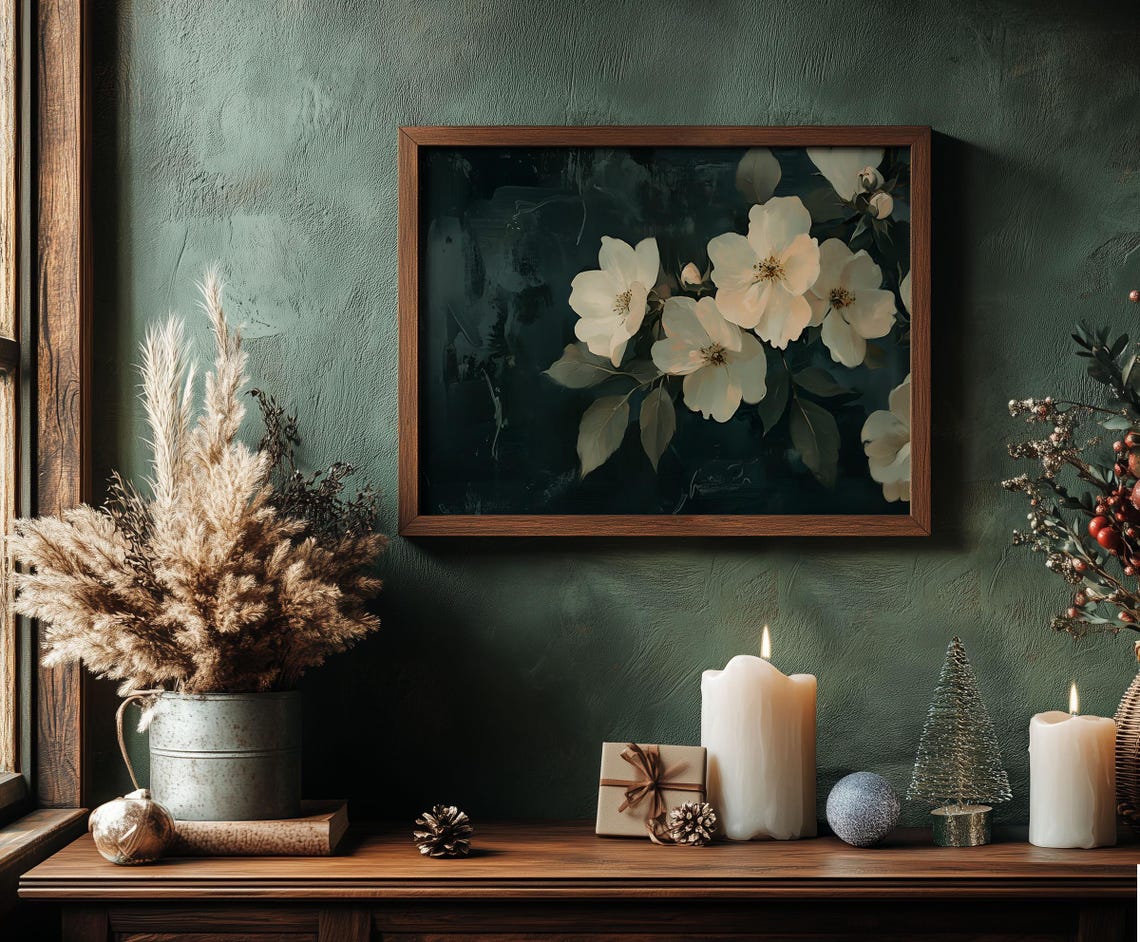 White Blossoms on Dark Ground Moody Floral Oil Painting Poster - Image 4