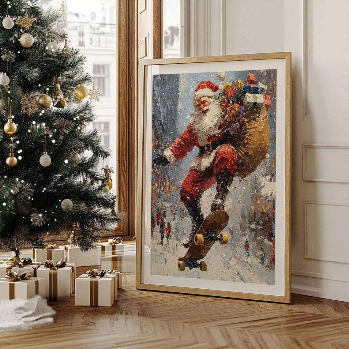 Cool Santa Claus Skateboard Jump with Gift Bag Snowy Street Poster - Image 3